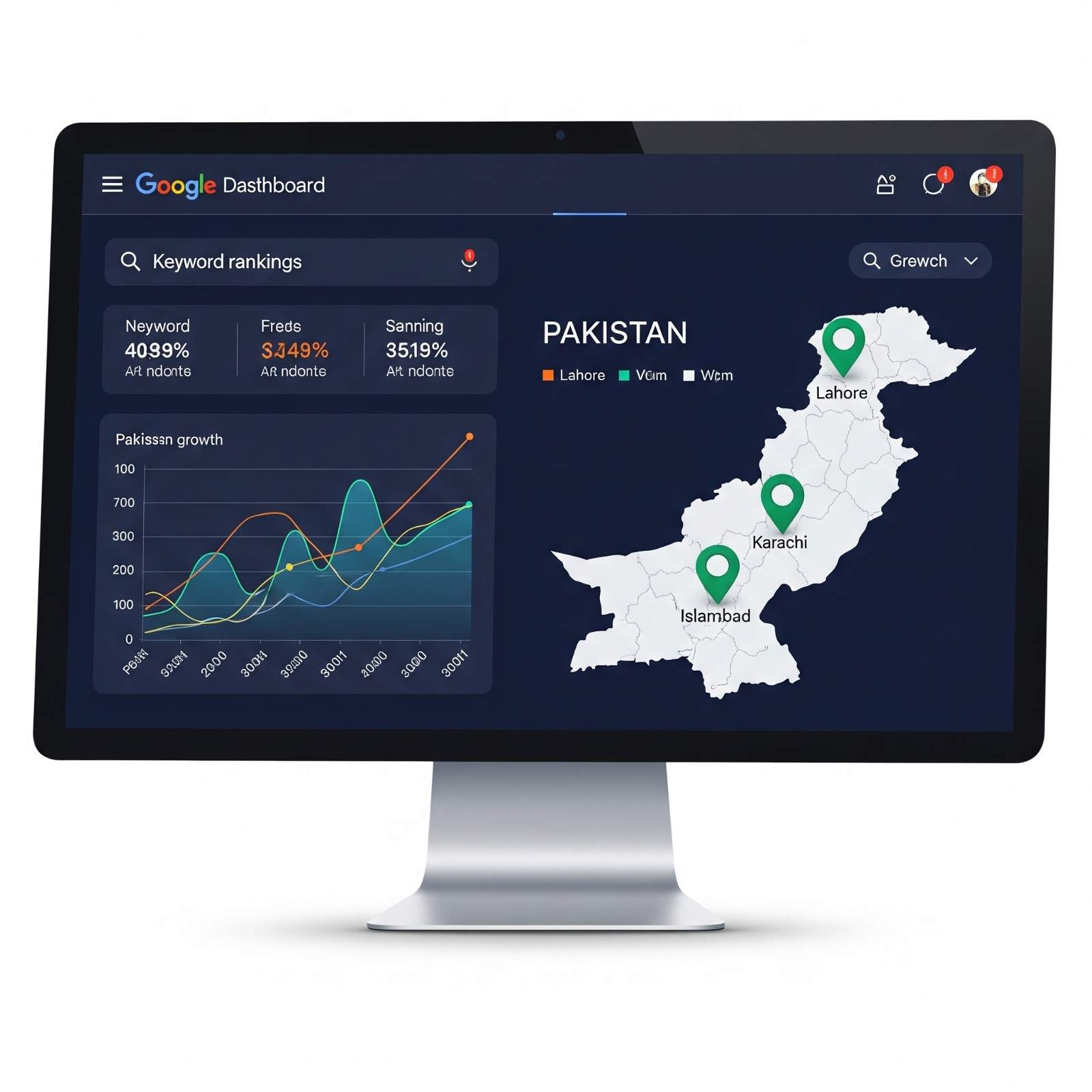 SEO dashboard and search rankings – digital marketing in Pakistan